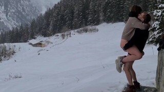 My naughty girlfriend fucked me outdoors in the cold until I cum on her ass