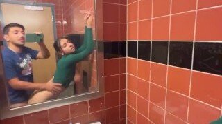 My busty stepsister dares me to fuck her in a public toilet